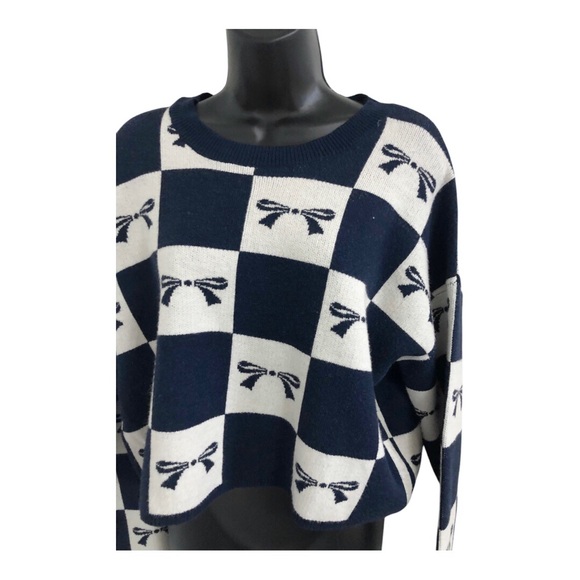 Sincerely Jules navy blue & cream checkerboard look dark blue bow sweater size L - Picture 5 of 9